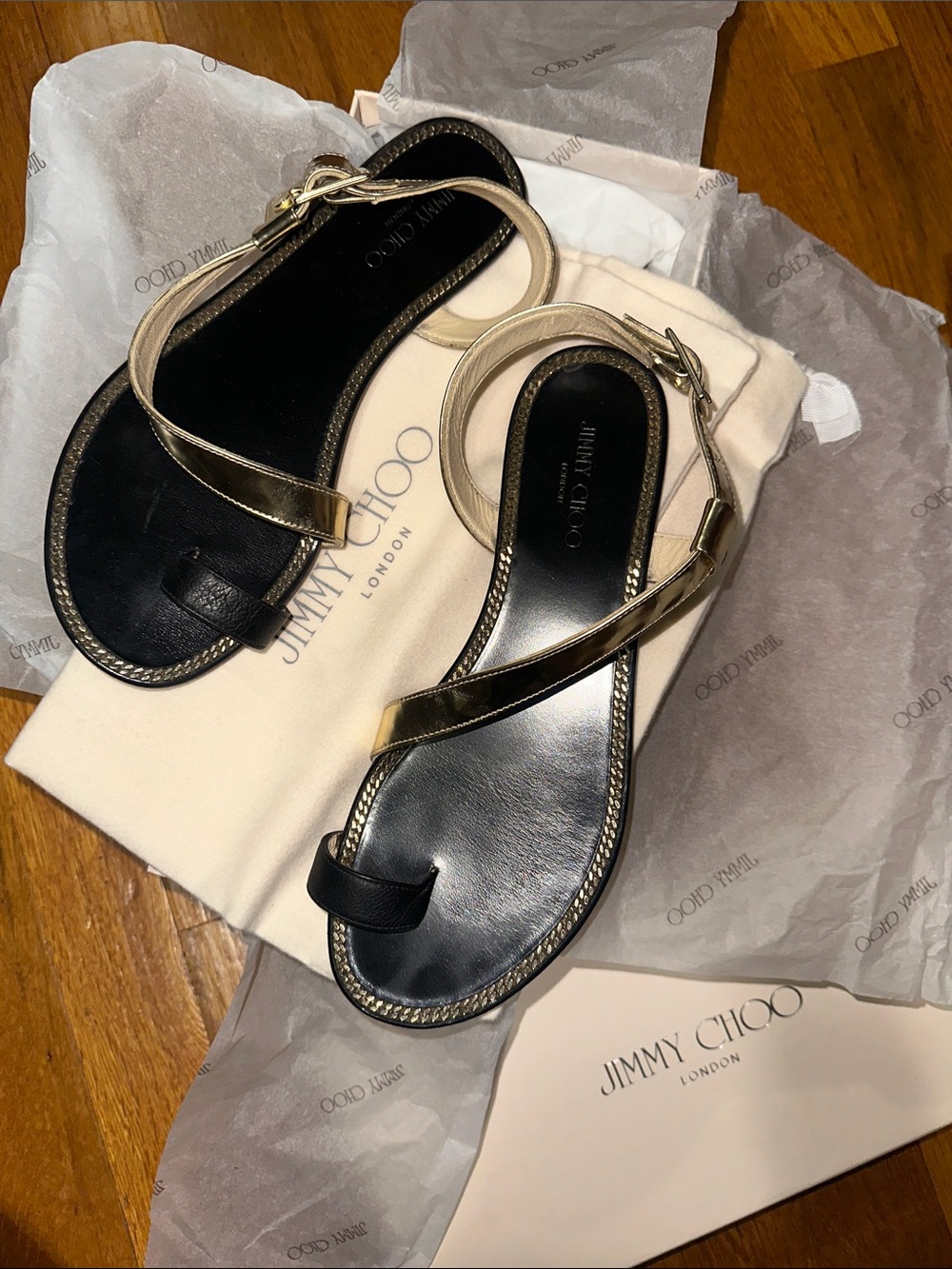 Jimmy Choo Black/Gold vacchetta/mirror Sandals